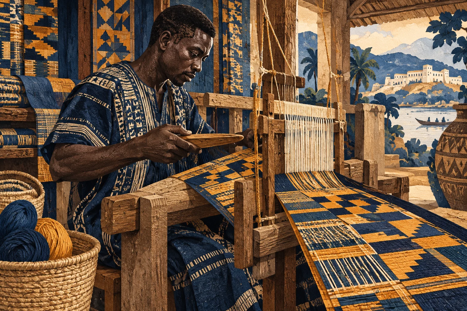 Illustration: Ghanaian kente weaving workshop, beautiful geometric fabric and wooden loom, contemporary artisan at work