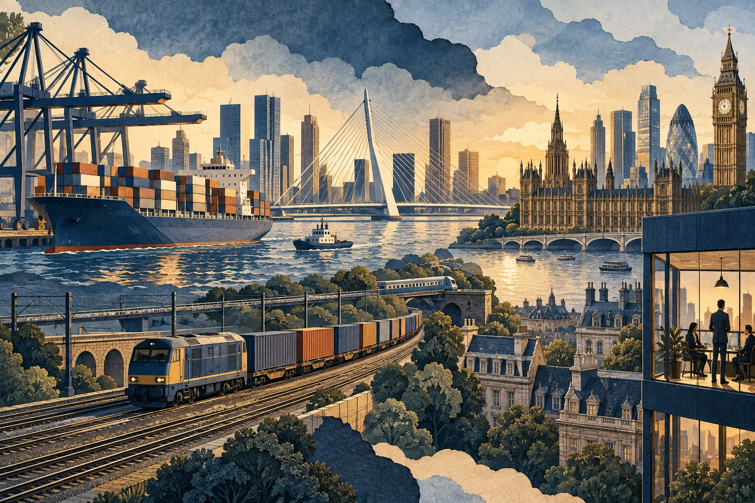 Illustration: Rotterdam port, rail networks and London offices