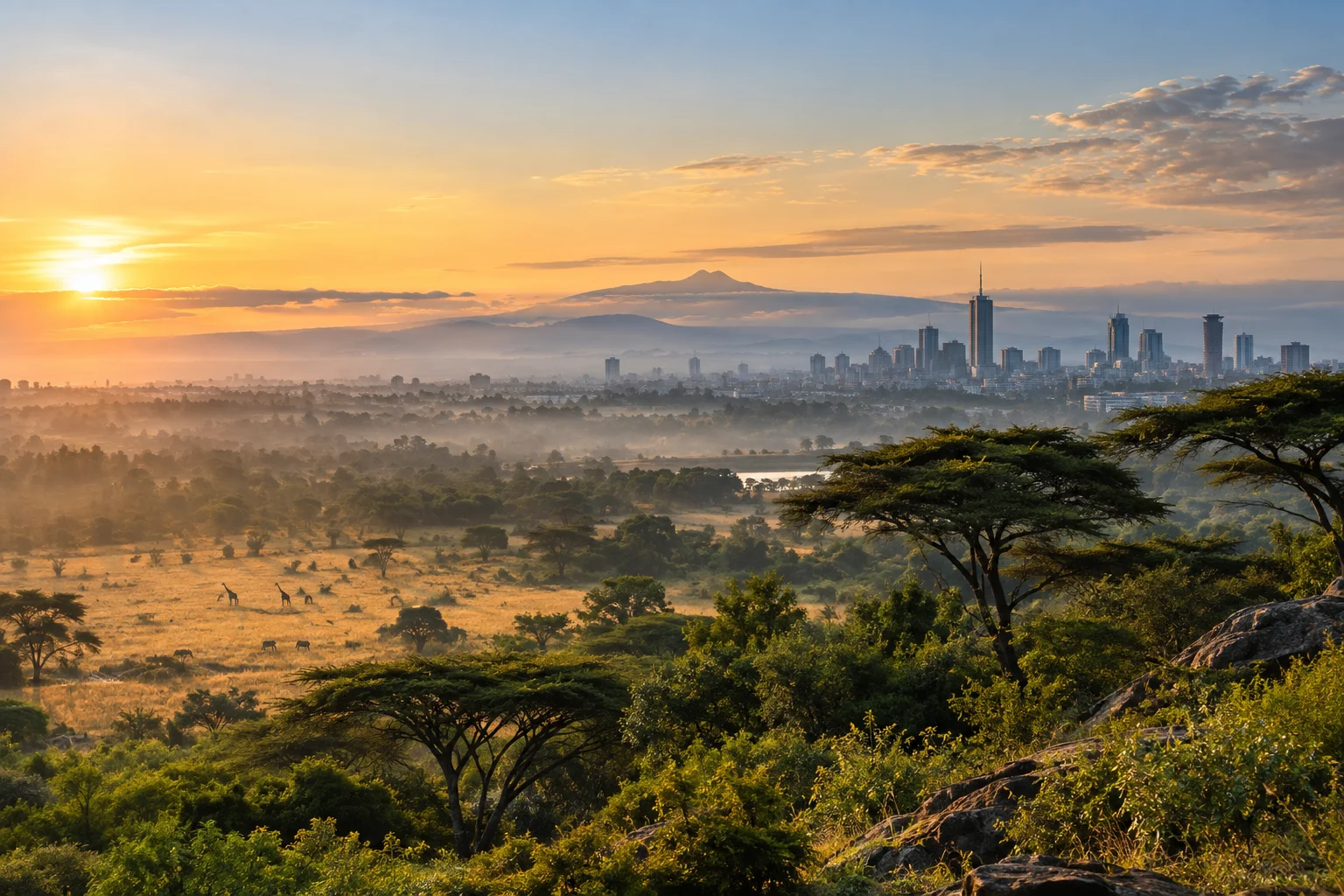 AI-generated illustration of Nairobi’s skyline beyond acacia woodland at sunrise