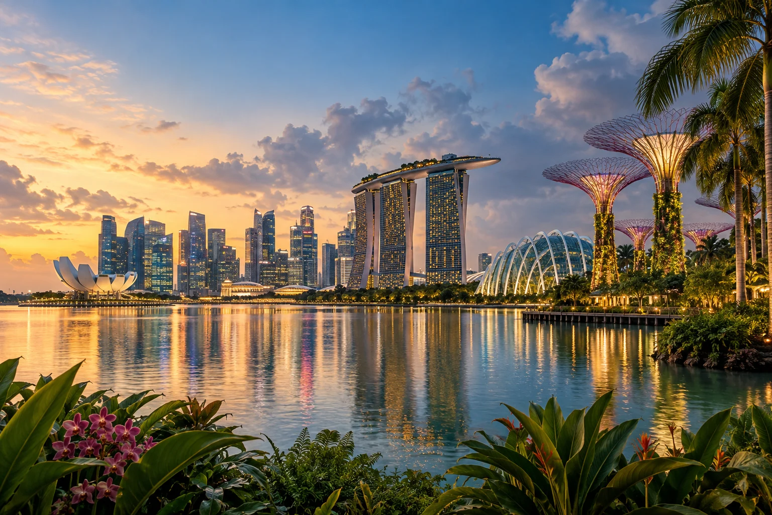 AI-generated editorial illustration inspired by Singapore’s waterfront skyline and tropical gardens.