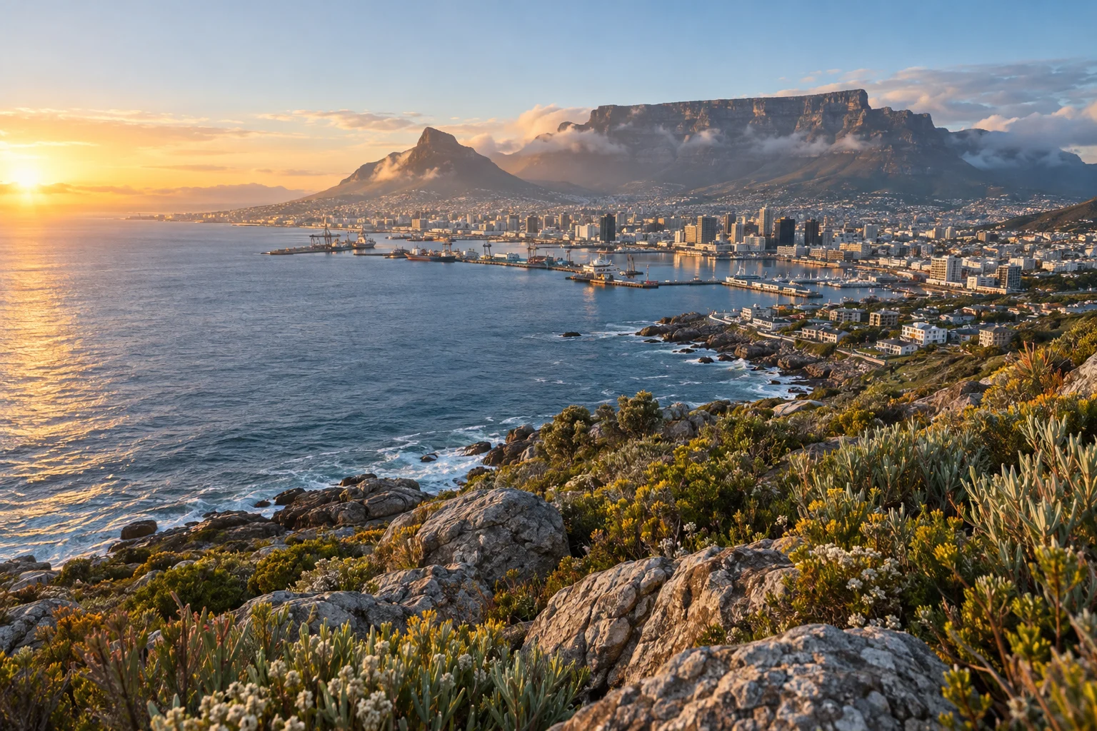 AI-generated Cape Town-inspired coastal panorama with Table Mountain, a working harbour and fynbos at dawn