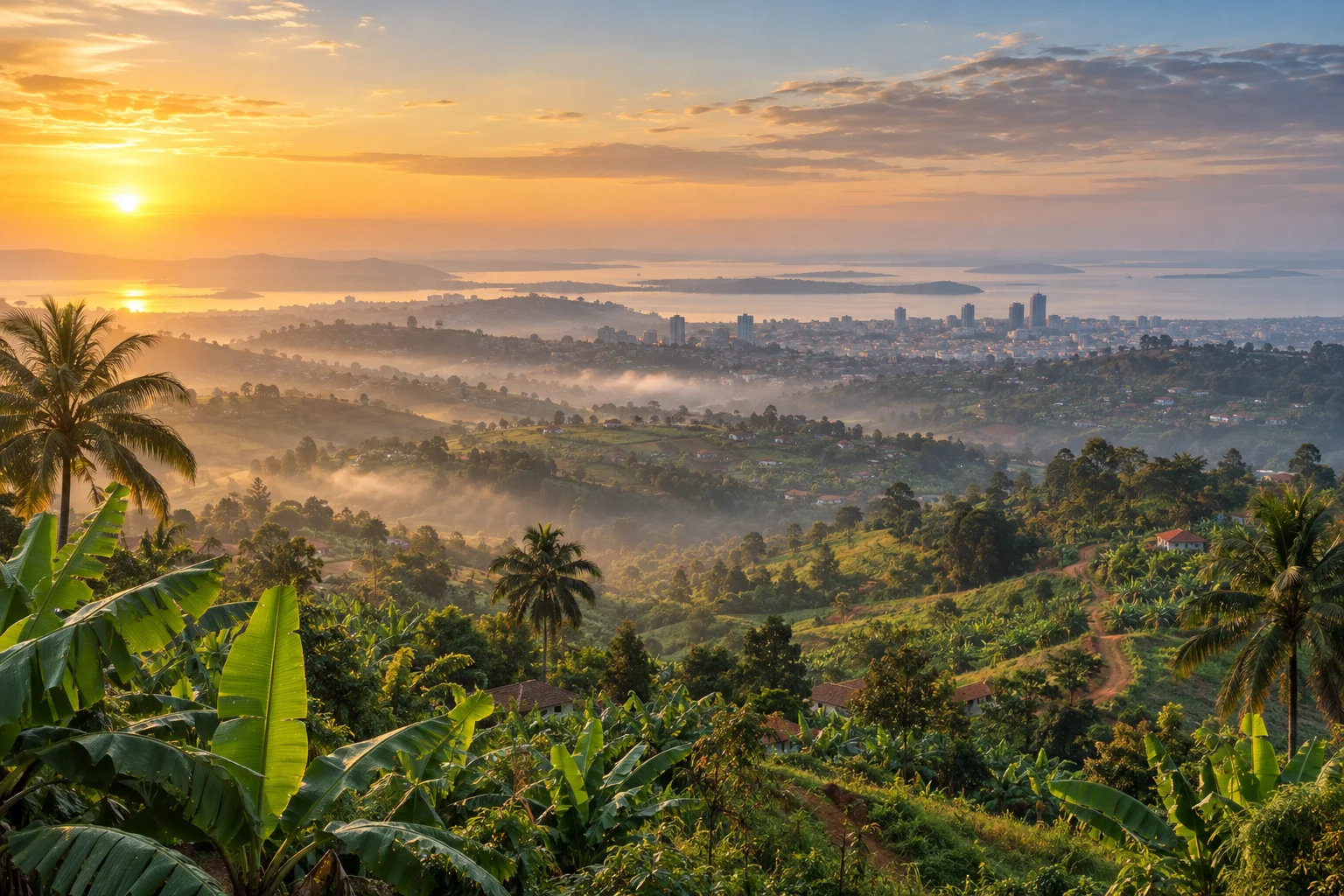 AI-generated editorial illustration inspired by Uganda's green hills, lakes and urban landscape.