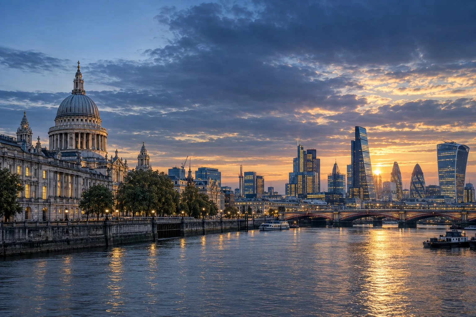 AI-generated interpretation of London's river, historic architecture and modern financial skyline